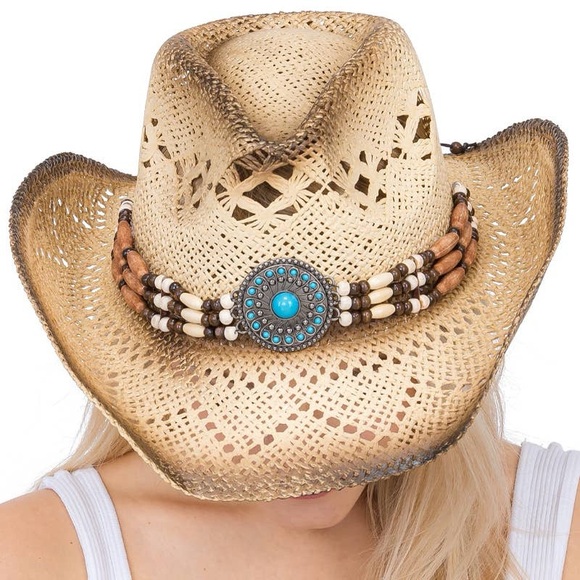 Festival Ready! Turquoise Beaded Straw Western Hat main image 6